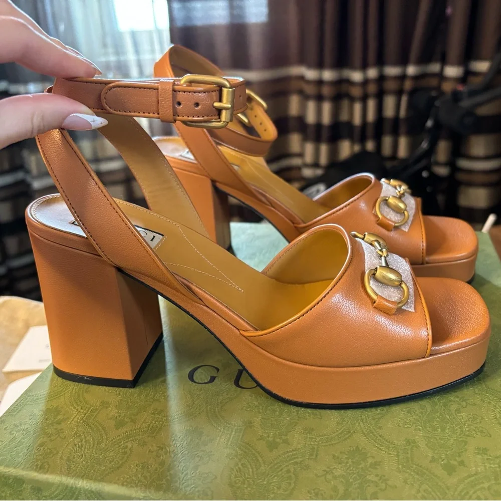 NEW GUCCI sz 9.5 Women's Horsebit Harn Brown Tan platform sandals $1240 - Picture 5 of 8